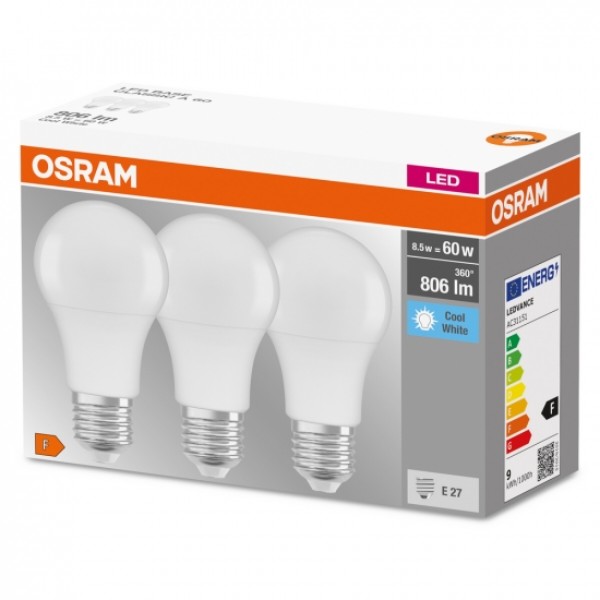 Фото - Лампочка светодиодная Osram LED E27 8.5Вт 4000К 806Лм A60 3 шт. (4058075127531)