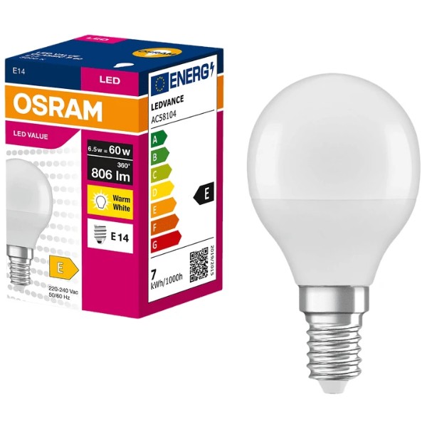 Фото - Лампочка светодиодная Osram LED E27 6.5Вт 3000K 806Лм P60 (4058075630390)