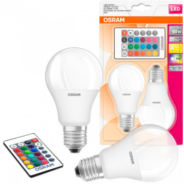 Фото - Лампочка світлодіодна Osram LED A60 9W 806Lm 2700К+RGB E27 пульт ДУx2 (4058075430891)