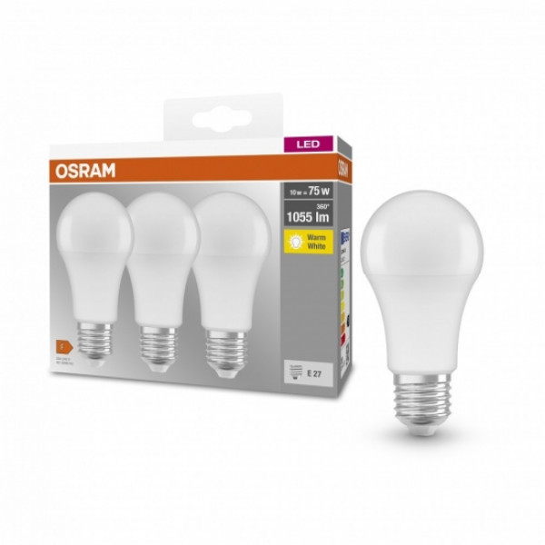 Фото - Лампочка світлодіодна Osram LED E27 10Вт 2700К 1055Лм A60 3 шт. (4058075819436)