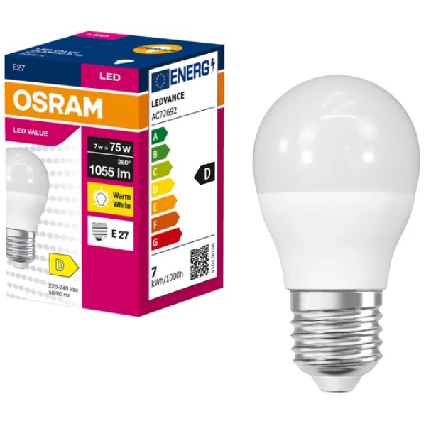 Фото - Лампочка світлодіодна Osram LED VALUE CLASSIC P E27 7Вт 3000K 1055Лм (4099854546761) Фото - Лампочка світлодіодна Osram LED VALUE CLASSIC P E27 7Вт 3000K 1055Лм (4099854546761)