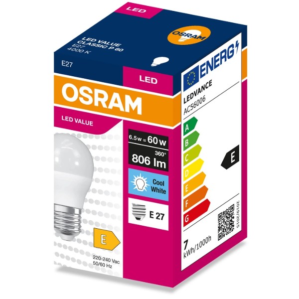 Фото - Лампочка світлодіодна Osram LED VALUE CLASSIC P E27 6.5Вт 4000K 806Лм (4099854547379)