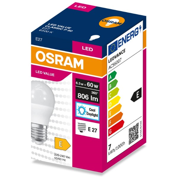 Фото - Лампочка світлодіодна Osram LED VALUE CLASSIC P E27 6.5Вт 6500K 806Лм (4099854547454)