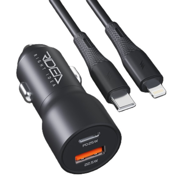 Фото - Автомобільний зарядний пристрій Ridea QPow Pro 1USB/1USB-C PD/QC 47.5W+Type-C to Lightning Black (RCC-47115)