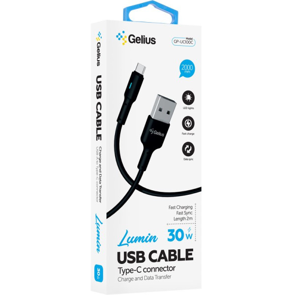 Фото - Кабель Gelius Lumin Lamp GP-UC100C USB-A to Type-C 2m 30W Black (100087)