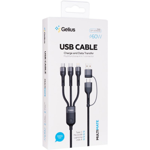 Фото - Кабель синхронізації даних Gelius Multimate GP-UCN006 4in1 USB-A/Type-C to Type-C/Lightning/MicroUSB (1,2m) (60W) Black (98306)