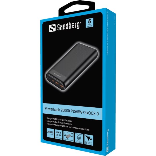 Фото - Батарея мобильная Sandberg PD 65W 3A QC3.0 20000 mAh, USB, 2хType-C OUT (420-62)