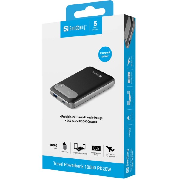 Фото - Батарея мобильная Sandberg Travel 10000mAh 20W 4,5A PD,QC3.0,USB-A,USB-C, LED Gray (421-16)