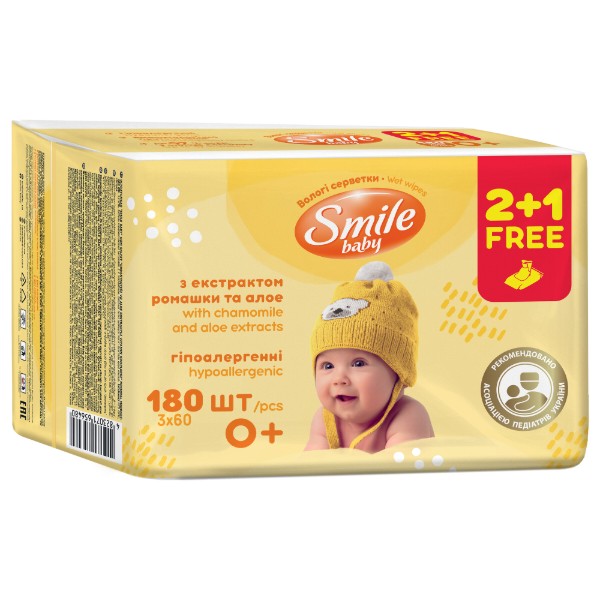 Фото - Вологі серветки для немовлят Smile Baby Мультипак Екстракт ромашки та алое 2 + 1, 60 шт.  (42113803)