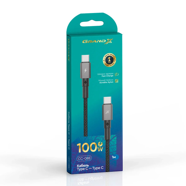 Фото - Кабель синхронізації даних Grand-X 100W для швидкого заряджання Black CC-08B (3000001621010)