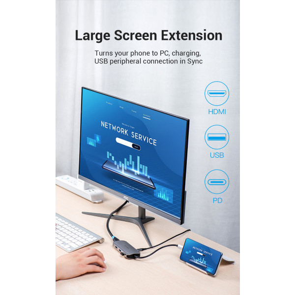 Фото - Хаб USB Vention USB3.1 Type-C - HDMI/USB 3.0x3/PD 100W Hub 5-in-1 (TODHB)