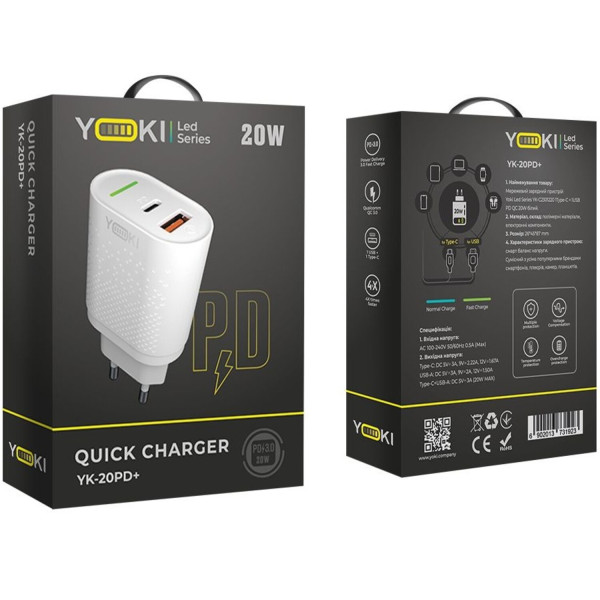 Фото - Мережевий зарядний пристрій YOKI Led Series 20W White (YK-20PD+QC)
