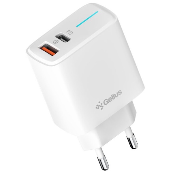 Фото - Сетевое зарядное устройство Gelius Radiance GP-HC058 1Type-C + 1USB-A PD/QC3.0/PPS/Super VOOC 25 W + кабель Gelius One Type-C to Lightning White (101248)