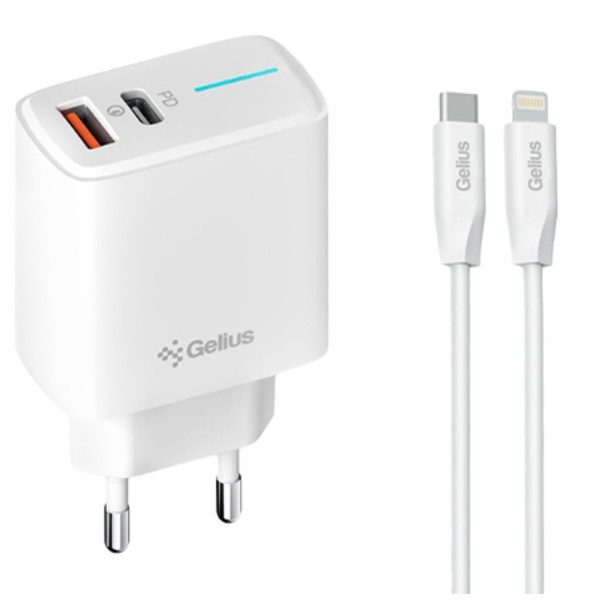 Фото - Сетевое зарядное устройство Gelius Radiance GP-HC058 1Type-C + 1USB-A PD/QC3.0/PPS/Super VOOC 25 W + кабель Gelius One Type-C to Lightning White (101248)