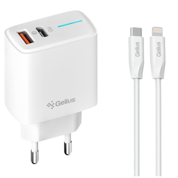 Фото - Сетевое зарядное устройство Gelius Radiance GP-HC058 1Type-C + 1USB-A PD/QC3.0/PPS/Super VOOC 25 W + кабель Gelius One Type-C to Lightning White (101248)