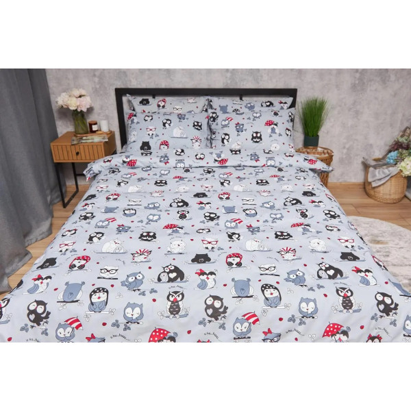 Фото - Комплект постільної білизни Moon&Star Бязь Gold Люкс «Owls Gray» King Size 220x240 см нав. 4х70х70 (MS-820005464)