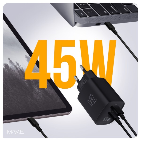 Фото - Мережевий зарядний пристрій MAKE 45W GaN PD + QC3.0 Black (MCW-4521GBK)
