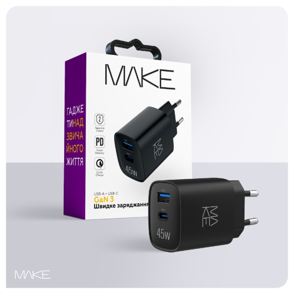 Фото - Мережевий зарядний пристрій MAKE 45W GaN PD + QC3.0 Black (MCW-4521GBK)
