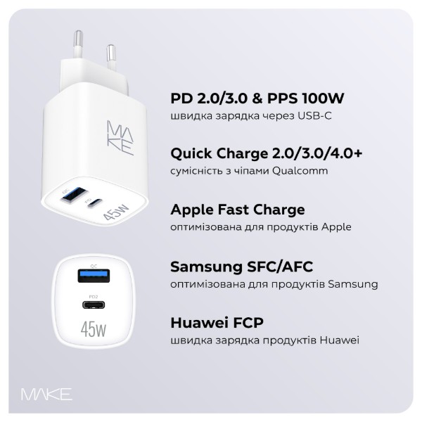 Фото - Мережевий зарядний пристрій MAKE 45W GaN PD + QC3.0 White (MCW-4521GWH)