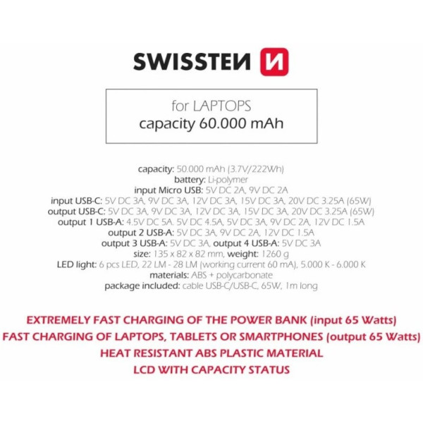 Фото - Батарея мобільна Swissten 60000mAh 65W Black (8595217481299)