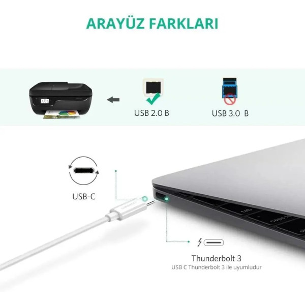 Фото - Перехідник UGREEN US241 USB-C 2.0 to USB-B 2.0 Print Cable 1.5 m White (40417)