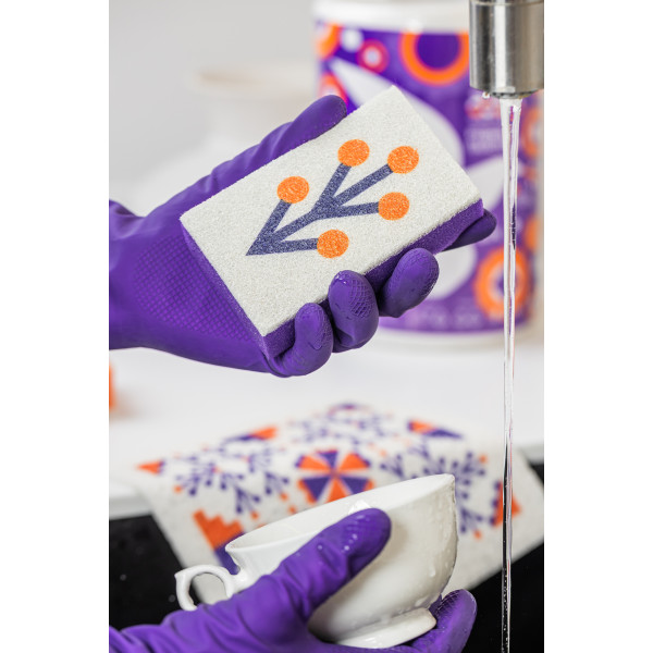 Фото - Губка для миття посуду поролонова Добра господарочка колекція Вибійка з принтом 2 шт Помаранчево-фіолетові (4820086523998)