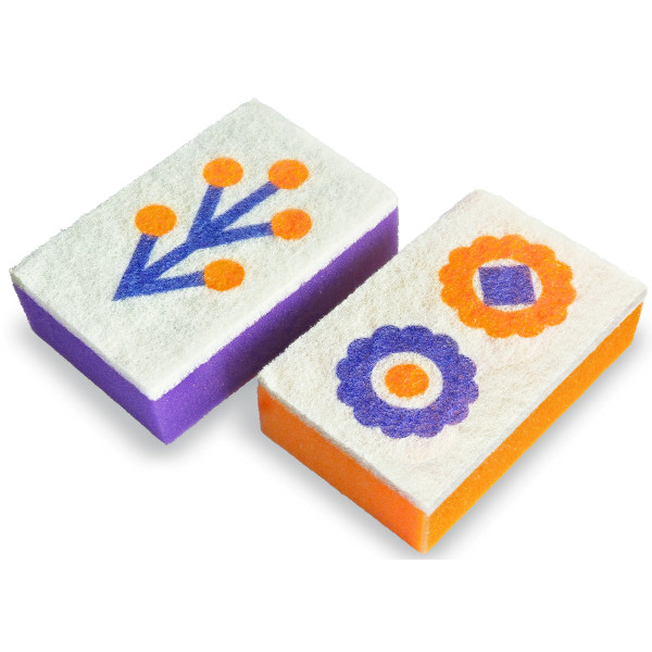 Фото - Губка для миття посуду поролонова Добра господарочка колекція Вибійка з принтом 2 шт Помаранчево-фіолетові (4820086523998)