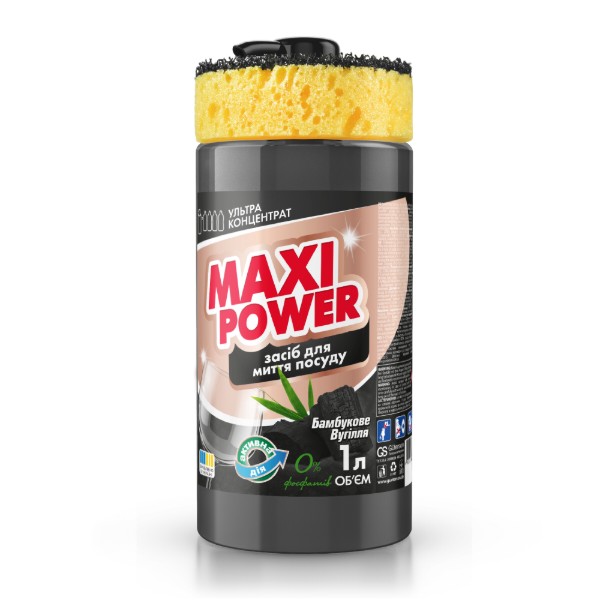 Фото - Засіб для ручного миття посуду Maxi Power Чорне вугілля 1 л (4823098411796)