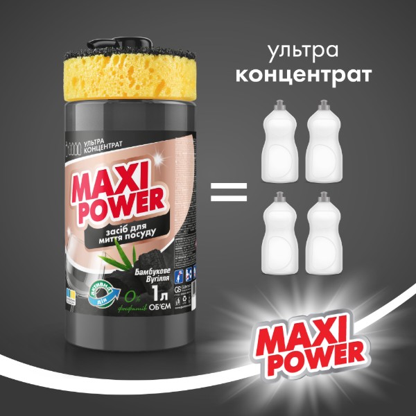Фото - Засіб для ручного миття посуду Maxi Power Чорне вугілля 1 л (4823098411796)