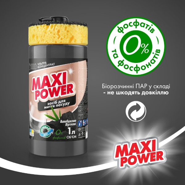 Фото - Засіб для ручного миття посуду Maxi Power Чорне вугілля 1 л (4823098411796)