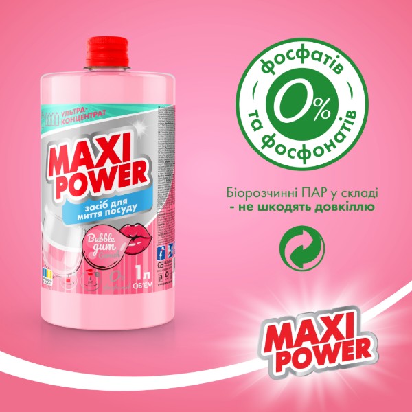 Фото - Засіб для ручного миття посуду Maxi Power Бабл Гам запаска 1 л (4823098411970)
