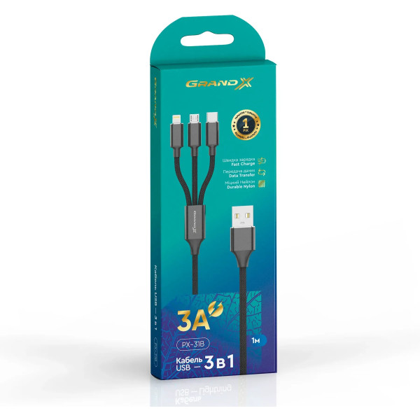 Фото - Кабель Grand-X PX-31B 2.4-3A, 1m (3000001617013)