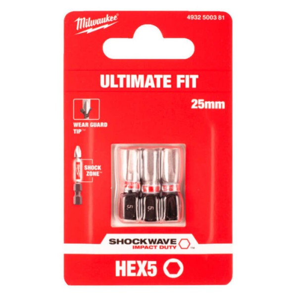 Фото - Біта для викрутки Milwaukee SHOCKWAVE Hex5 25 мм 3 шт. (4932500381)