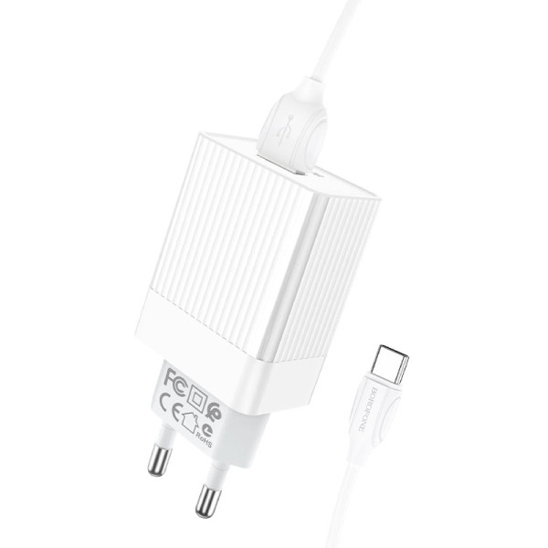 Фото - Мережевий зарядний пристрій BOROFONE BA47A QC3.0 3A + Type-C cable 18W White (6931474728319)