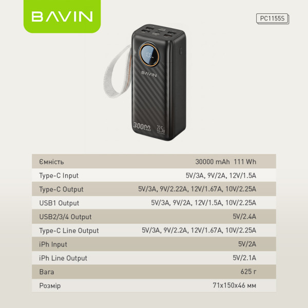 Фото - Батарея мобильная Bavin PC1155S 30000 mAh FAST CHARGING 22.5W Black (Y-PC1155S-BK)