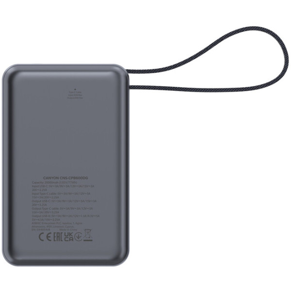 Фото - Батарея мобільна Canyon OnPower 600 built-in cable 20000 mAh PD65W Dark Grey (CNS-CPB600DG)