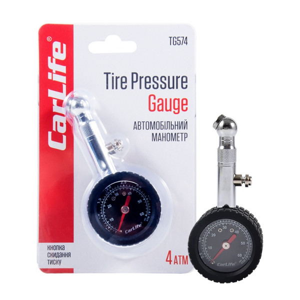 Фото - Манометр автомобільний CarLife 4 Атм, металевий з гумовим покриттям (TG574)