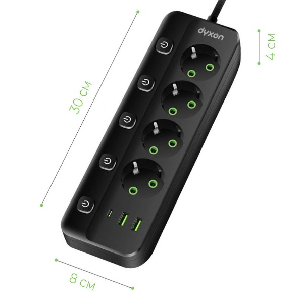 Фото - Сетевой фильтр Dyxon PRO-1098 5.0m 5р 2 USB-A 1 USB-C (PD) Black (DXN-1098-5M-5-B)