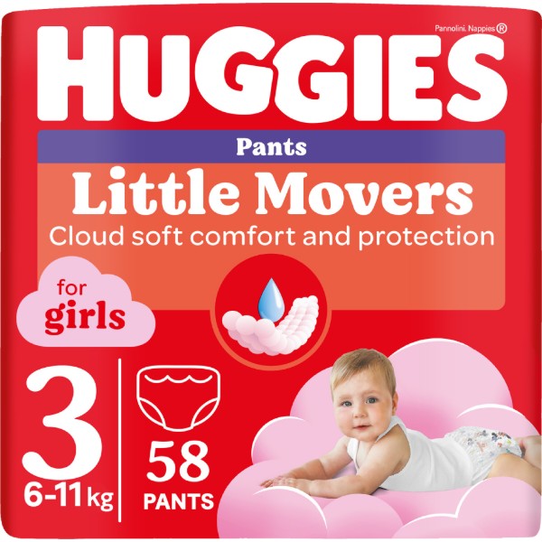 Фото - Одноразові підгузки-трусики Huggies Little Movers Розмір 3 (6-11 кг) для дівчаток, 58 шт. (5029053547480)