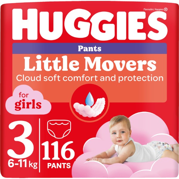 Фото - Одноразові підгузки-трусики Huggies Little Movers Розмір 3 (6-11 кг) для дівчаток, 116 шт. (5029054568033)