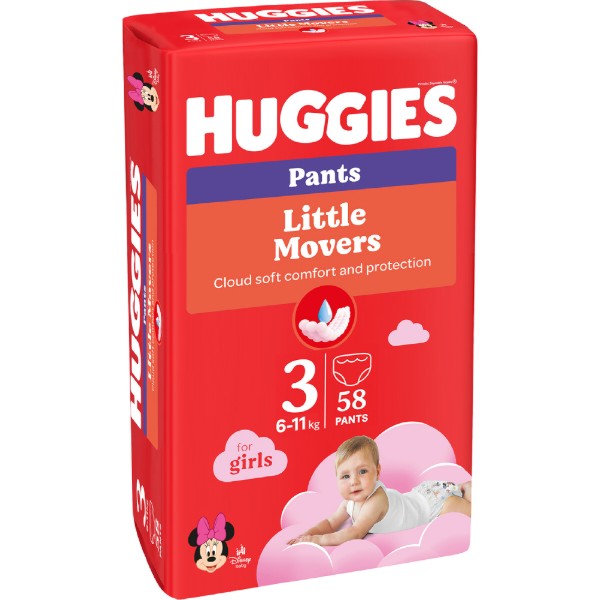 Фото - Одноразові підгузки-трусики Huggies Little Movers Розмір 3 (6-11 кг) для дівчаток, 58 шт. (5029053547480)