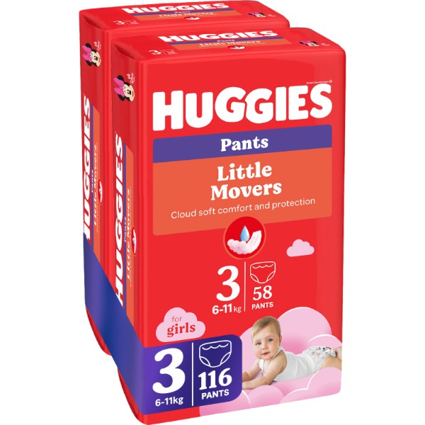 Фото - Одноразові підгузки-трусики Huggies Little Movers Розмір 3 (6-11 кг) для дівчаток, 116 шт. (5029054568033)