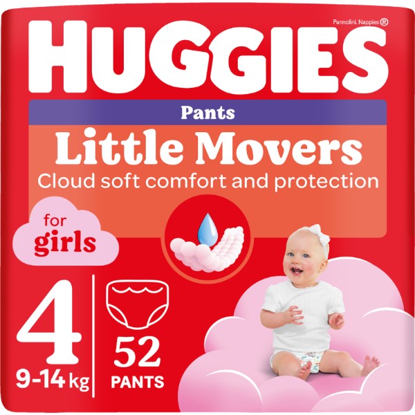 Фото - Одноразові підгузки-трусики Huggies Little Movers Розмір 4 (9-14 кг) для дівчаток, 52 шт. (5029053547541)