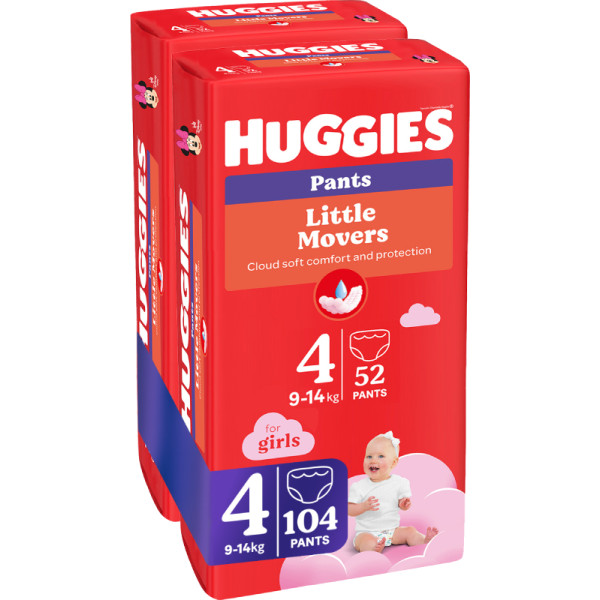 Фото - Одноразові підгузки-трусики Huggies Little Movers Розмір 4 (9-14 кг) для дівчаток, 104 шт. (5029054568095)