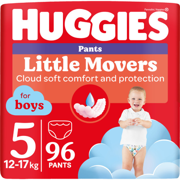 Фото - Одноразові підгузки-трусики Huggies Little Movers Розмір 5 (12-17 кг) для хлопчиків, 96 шт. (5029054568163)