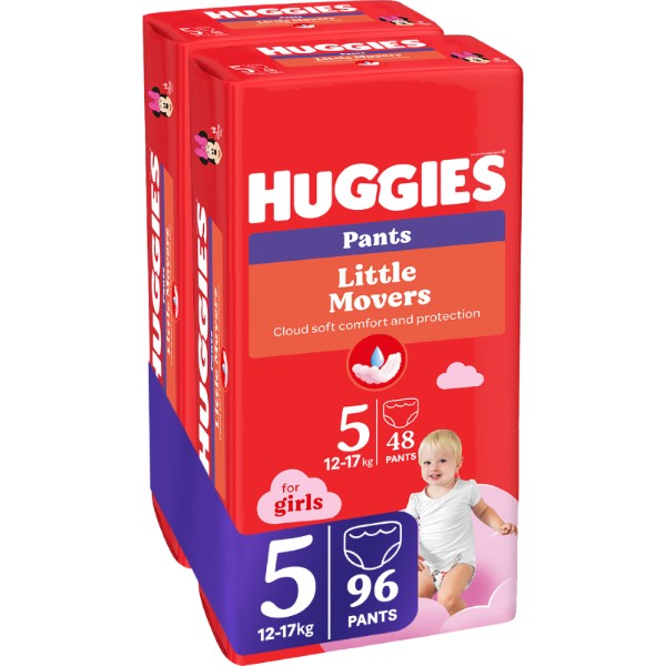 Фото - Одноразові підгузки-трусики Huggies Little Movers Розмір 5 (12-17 кг) для дівчаток, 96 шт. (5029054568170)