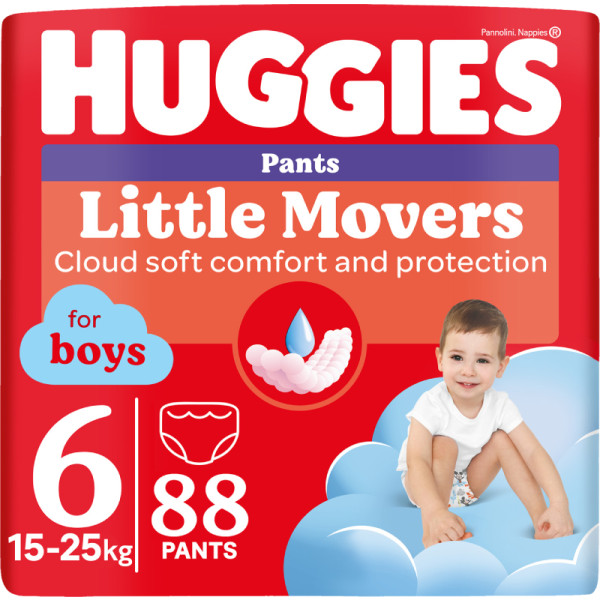 Фото - Одноразовые подгузники-трусики Huggies Little Movers Размер 6 (15-25 кг) для мальчиков, 88 шт. (5029054568200)