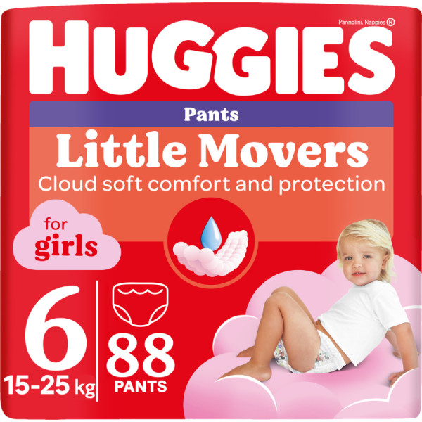 Фото - Одноразові підгузки-трусики Huggies Little Movers Розмір 6 (15-25 кг) для дівчаток, 88 шт. (5029054568217)