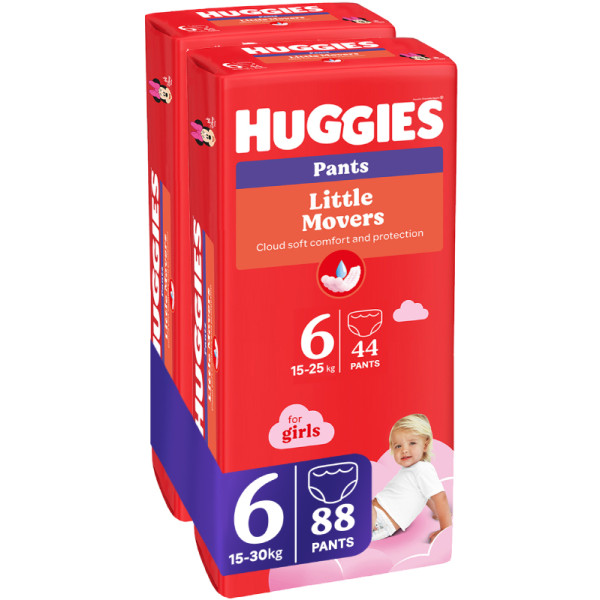 Фото - Одноразові підгузки-трусики Huggies Little Movers Розмір 6 (15-25 кг) для дівчаток, 88 шт. (5029054568217)