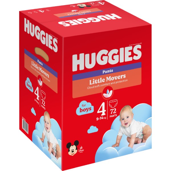 Фото - Одноразовые подгузники-трусики Huggies Little Movers Размер 4 (9-14 кг) для мальчиков, 72 шт.(2*36 шт.) (5029053564104)